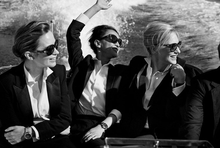 (左起）艾蜜莉布朗、周迅、凱特布蘭琪一同為柏濤菲諾中裝腕表系列拍攝形象照，詮釋女性中性美。圖／IWC提供
