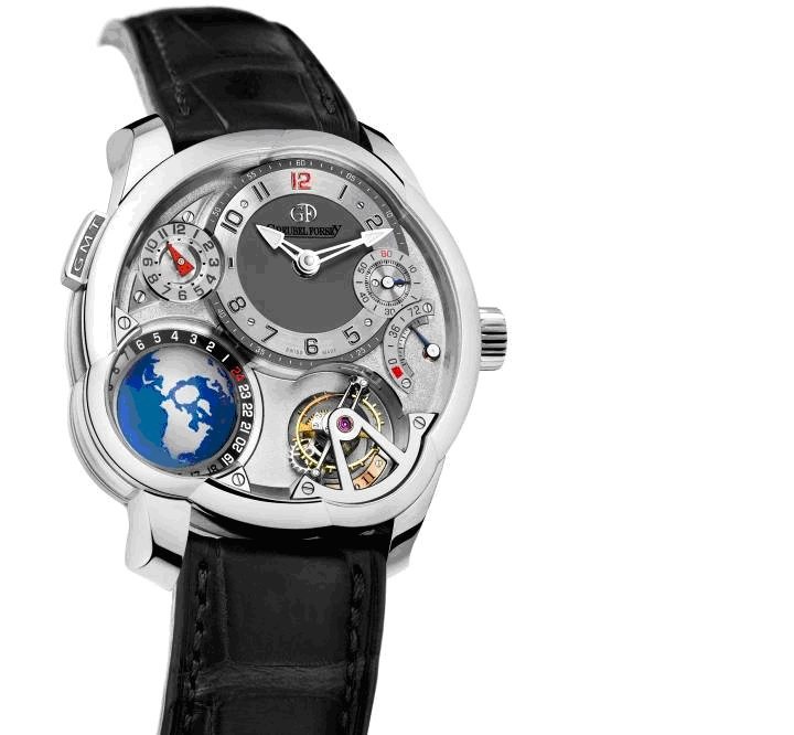 Greubel Forsey發表GMT表款，讓陀飛輪不只是陀飛輪，更能掌握全球時間，1800萬元。圖／葳鑠提供