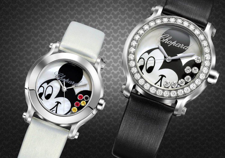 蕭邦Happy Sport Mickey腕表，石英機芯，精鋼彩寶款(左)17.8萬元，精鋼鑲鑽款65.9萬元。圖／蕭邦提供