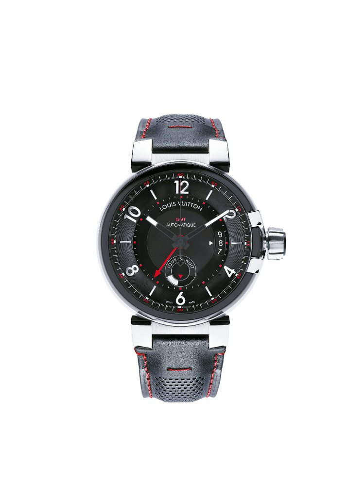 路易威登Tambour Evolution黑色MMC配精鋼GMT腕表，24萬8,000元。圖／各業者提供