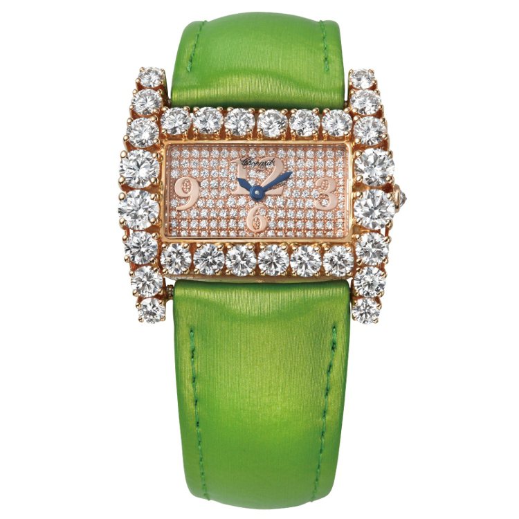 L'Heure Du Diamant系列腕錶 
18K玫瑰金錶圈鑲嵌24顆花式切割型鑽石總重4.20克拉、錶盤鑲嵌133顆花式切割型鑽石總重0.41克拉、蘋果綠絲絹錶帶。 
型號 : 139295-5002 
價格 : NTD20,000 
圖／時間觀念提供