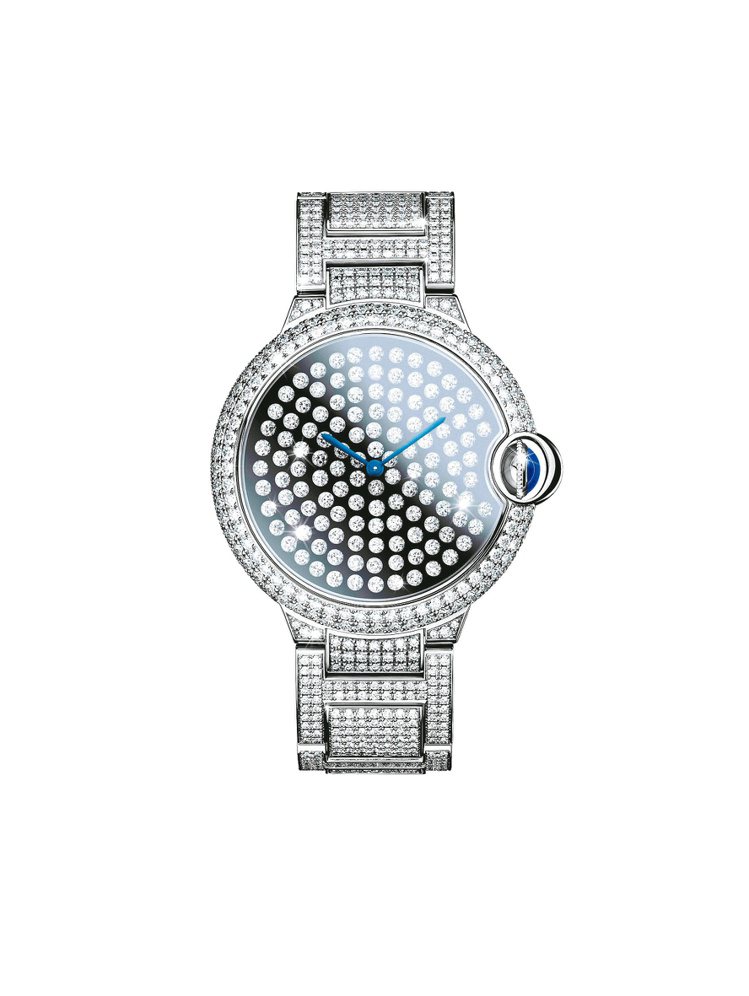 Ballon Bleu de Cartier舞動鑲鑽腕表，表盤上每一顆鑽石自由舞動，鑽光不停閃爍，約1,200萬元。圖／卡地亞提供