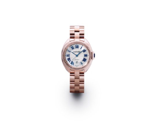 Clé de Cartier腕表31毫米，18K玫瑰金鑲嵌圓形明亮式切鑽石，約82萬元。圖／業者提供