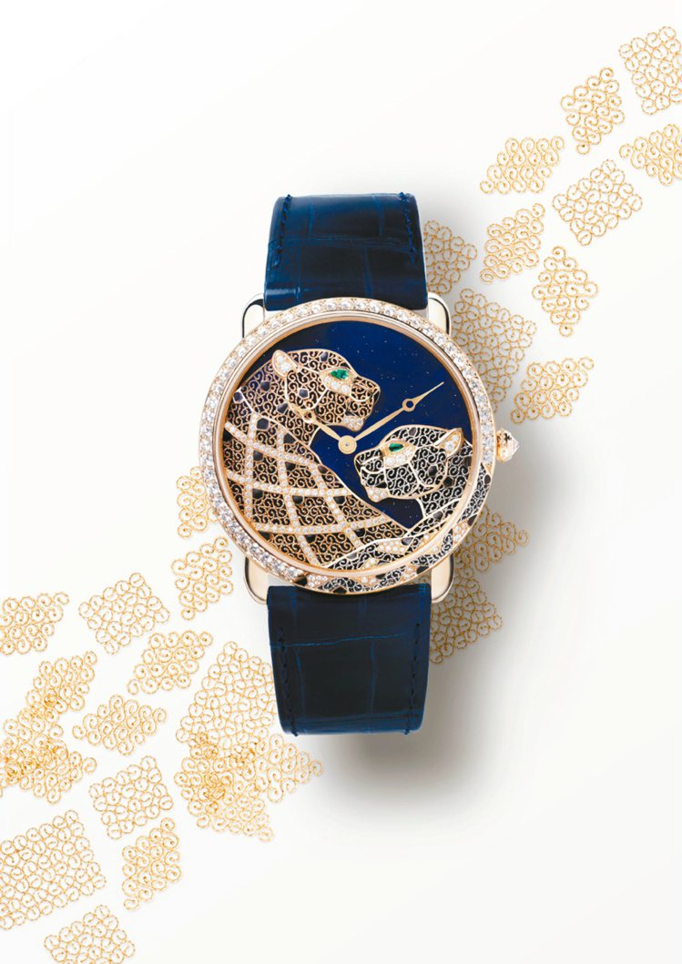 Ronde Louis Cartier Filigrane金銀絲細工美洲豹裝飾腕表，運用金絲、鉑金絲細工鑲嵌如蕾絲般的美洲豹，約650萬元，限量20只。圖／業者提供