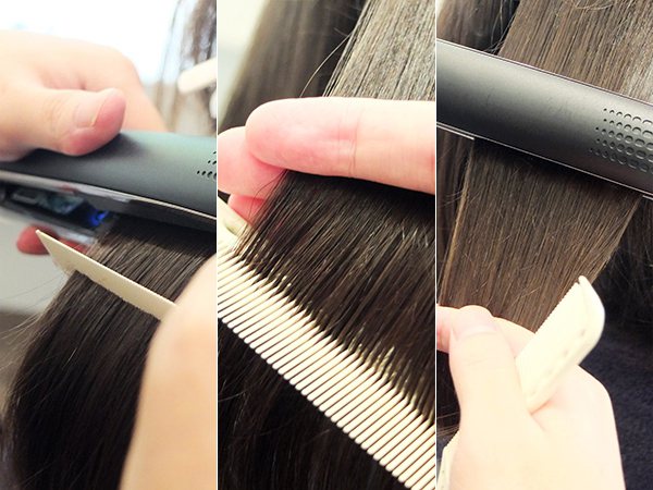 撫平毛躁Tips：第二層，若頭髮太毛躁，可以將尖尾梳放於造型夾下方，由上往下的方向，給予頭髮光澤度。圖；文／美麗佳人