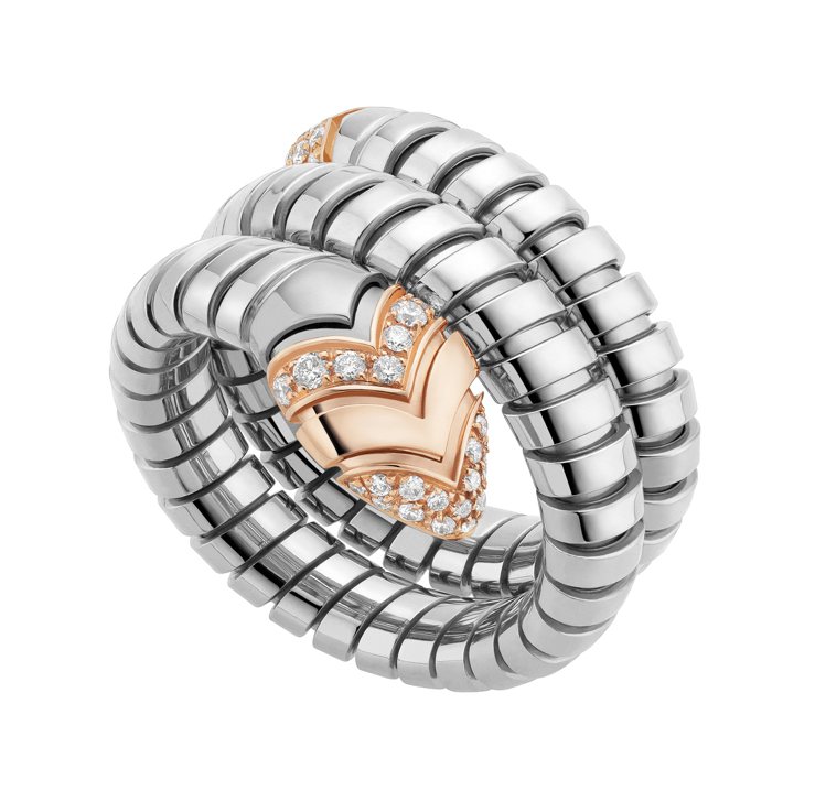 Serpenti Tubogas純鋼搭配玫瑰金蛇頭與密鑲鑽石戒指，12萬900元。圖╱寶格麗提供
