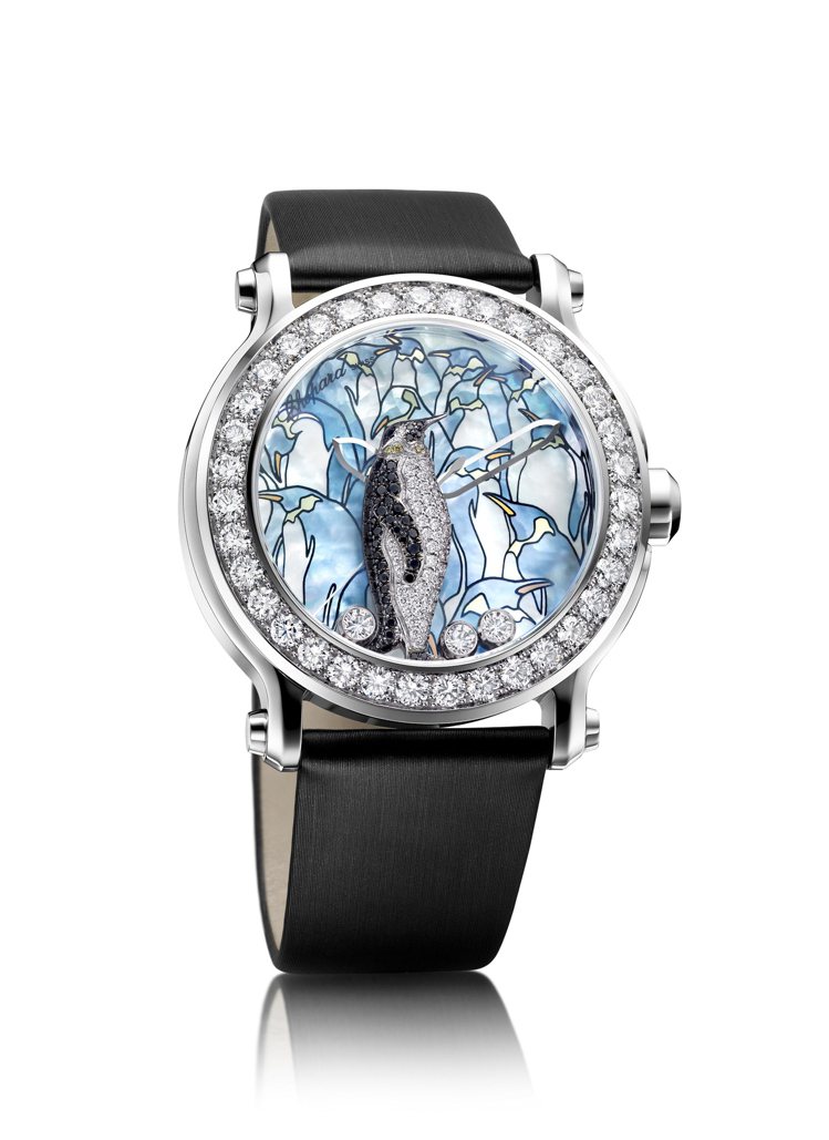 動物世界系列企鵝腕表，18K白金材質，鑲嵌總重4.07克拉鑽石與3顆滑動鑽石，黑色絹絲表帶，石英機芯。售價208萬元。圖／蕭邦提供