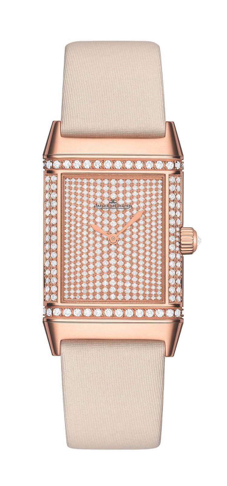 Reverso Duetto Classic 女裝翻轉腕表(正面)，鑲嵌437顆鑽石共約1.8克拉，建議售價150萬元。圖／積家提供