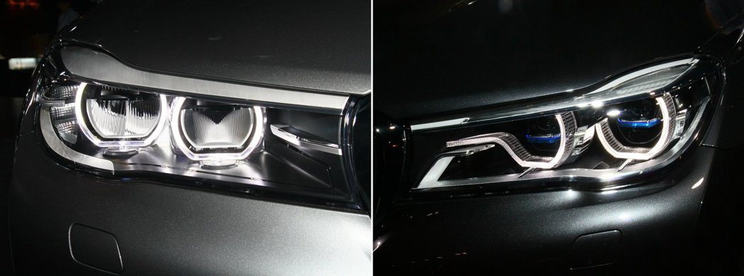 全新BMW 7 Series搭載LED頭燈（左圖），消費者亦可選配雷射頭燈，照射...