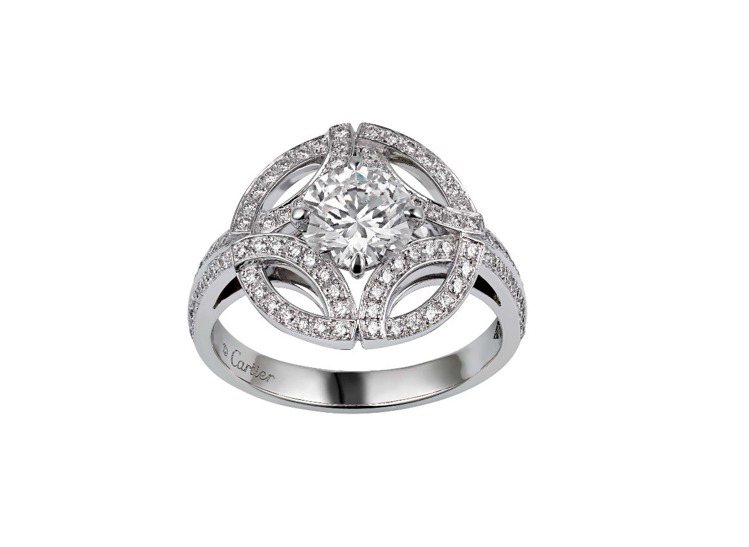 卡地亞Galanterie de Cartier系列鑽石戒指，白K金，圓形明亮式切割鑽石，主石備有0.5至1.15克拉鑽石可供選擇。圖／卡地亞提供