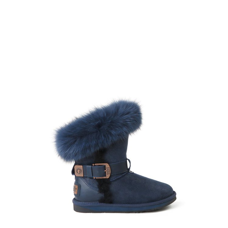 Ausatralia Luxe Collective深藍色狐狸毛環釦款羊毛短筒雪靴，建議售價16,800元。圖／SHOE PLUS提供