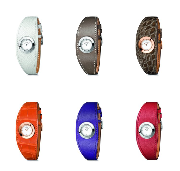 袖珍錶殼披上最優質的皮革，向愛馬仕的馬鞍和馬具本源作出致敬！(Hermès Faubourg Manchette手環腕錶，備有多款色彩選擇。)圖/愛馬仕提供