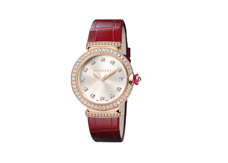 LVCEA紅色皮帶鑲鑽腕表，85萬2,000元。圖╱寶格麗提供