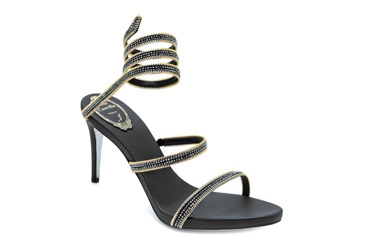 RENE CAOVILLA黑金鏈條裝飾蛇型高跟鞋，售價51,000元。圖／RENE CAOVILLA提供