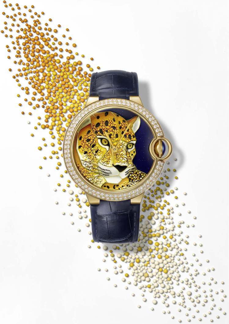 Ballon bleu de Cartier琺瑯珠粒工藝表，美洲豹裝飾，42mm18K黃金表殼，鑲嵌124顆鑽石，限量30只，約595萬元。圖／卡地亞提供
