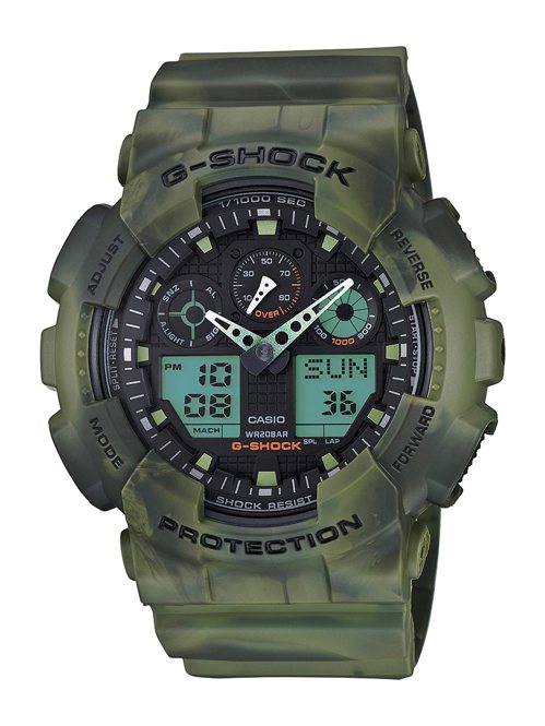 G-SHOCK煙霧迷彩系列腕表，軍綠色款，4,100元。圖／卡西歐提供