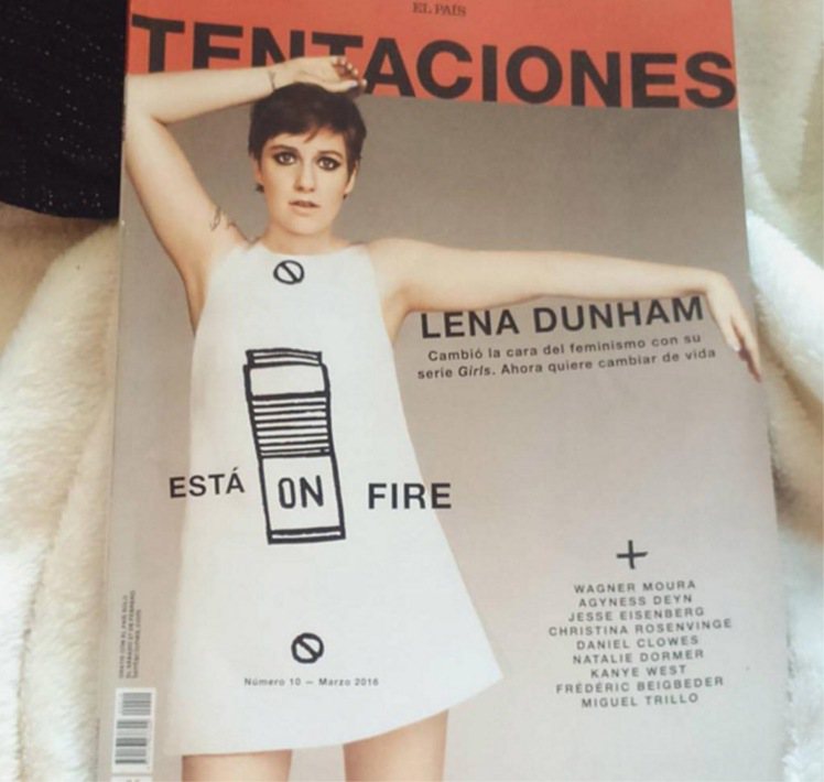 Lena Dunham 日前登上西班牙 Tentaciones en EL PAÍS 雜誌，穿著一件白色削肩洋裝，很有六○年代復古風。不過她卻自己在 instagram 上指出雜誌修圖修過頭。圖／擷自instagram