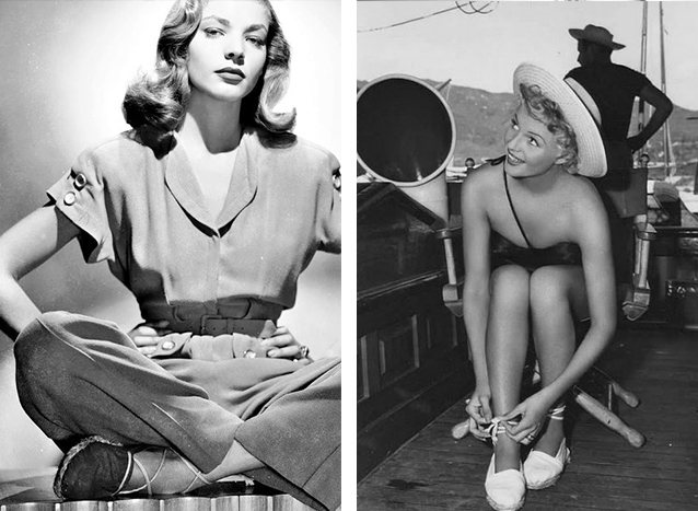 四○年代電影中的洛琳白考兒（左）、麗泰海華絲，帶動草編鞋流行。圖／取自jigsa...