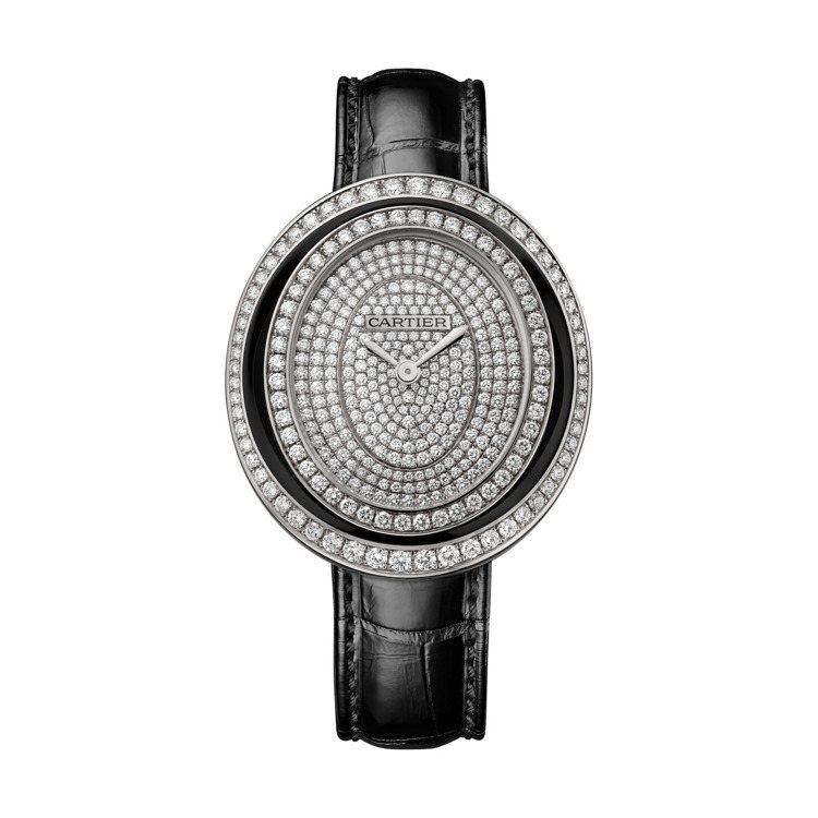 卡地亞全新Hypnose系列腕表以橢圓雙環表殼展現立體感。白K金大型款約216萬...