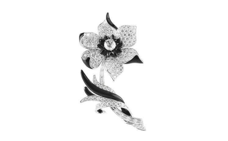 Hellebore白K金鑽石胸針，以縞瑪瑙和鑽石打造黑黎蘆花的樣貌。圖／梵克雅寶提供