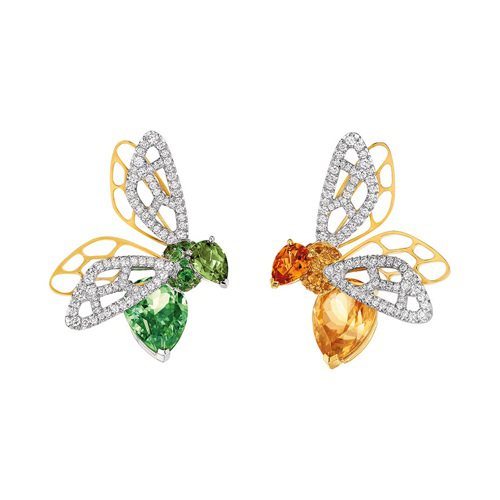 Abeille蜜蜂耳環，主石梨形黃色藍寶石與綠色橄欖石，378萬8,000元。圖╱CHAUMET提供