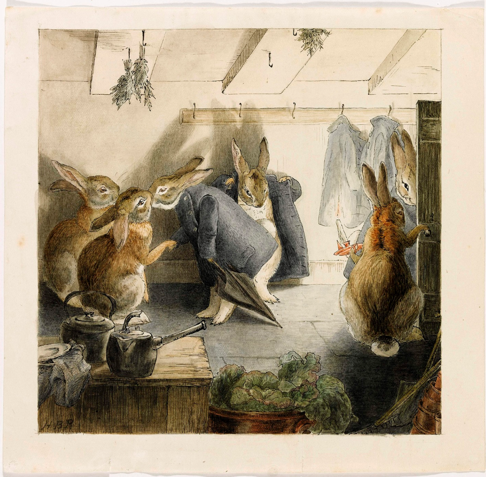 波特所繪製的故事《兔子們的耶誕派對》手稿最後一張圖，在2008年倫敦拍賣上以8萬...
