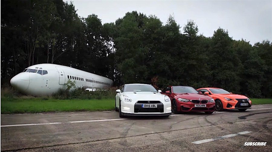 Nissan GT-R、BMW M4、Lexus RC-F同聚一堂進行0-100km/h的直線加速時間競賽。 截自TopGear影片