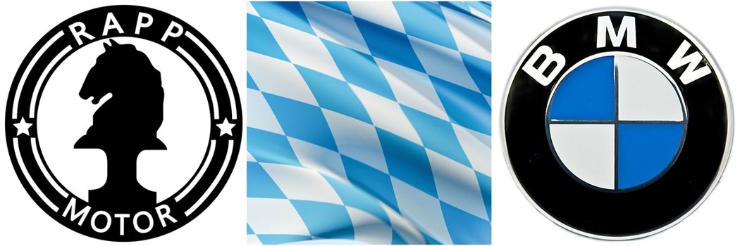 Rapp引擎廠商標（左）+巴伐利亞邦代表旗幟主色（中）= BMW商標（右）...