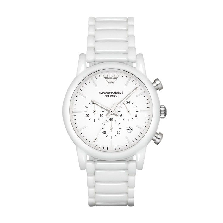 Emporio Armani 白色陶瓷三眼計時腕表，17,380元。圖／Foss...