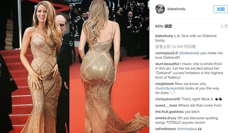布蕾克近日在Instagram上放了自己身穿Versace金色貼身禮服的照片，旁邊配上一段話「L.A face with an Oakland booty」結果掀起罵戰。圖／擷取自Instagram