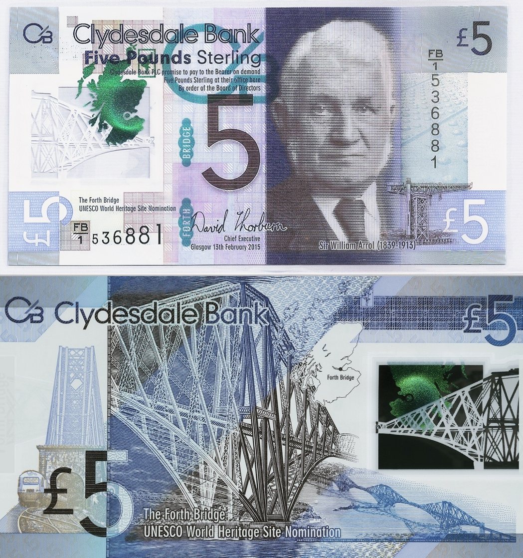 克萊茲代爾銀行在蘇格蘭發行的紀念5英鎊膠鈔：鈔票正面是著名的蘇格蘭工程師威廉．亞...