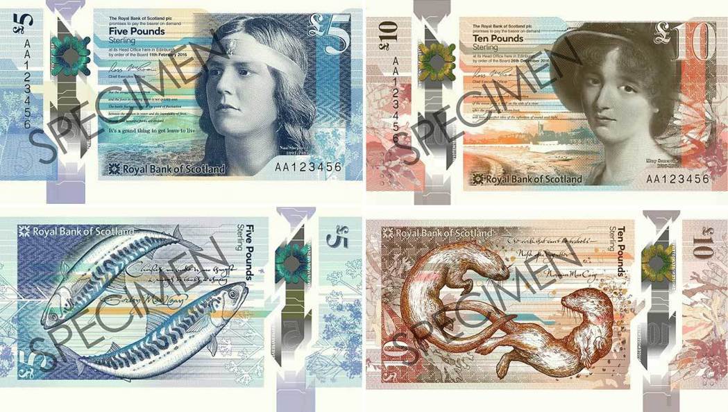 蘇格蘭皇家銀行年初公布的新版膠鈔設計：左邊的5鎊，主題是蘇格蘭女小說家和詩人謝潑...
