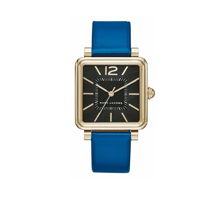 Marc Jacobs STYLE SQUARED系列方形藍色皮革腕表，10100元。圖／業者提供