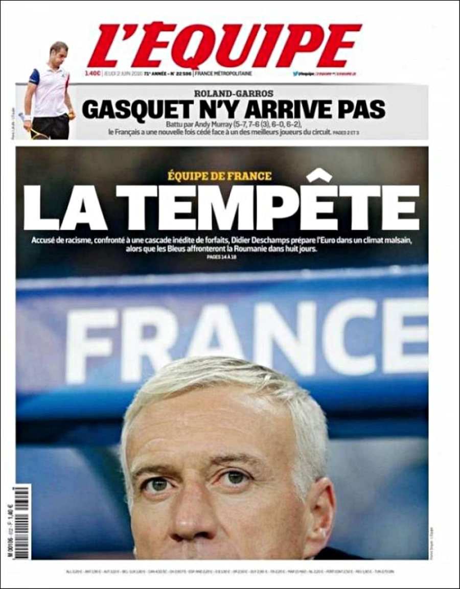 2016年6月2日的法國體育報紙《隊報》的頭版頭條即以法國隊主教練的半張臉，配上...