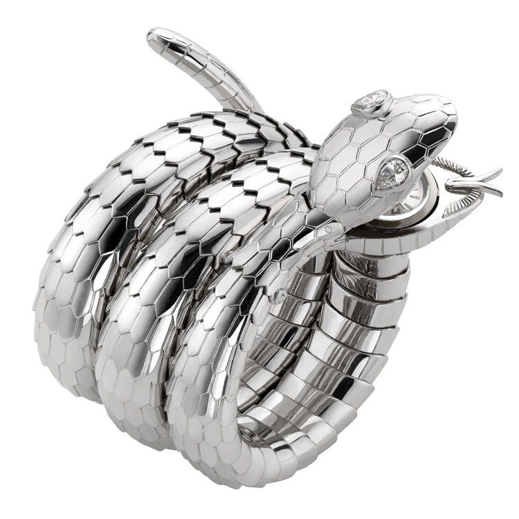 舒淇配戴的寶格麗骨董典藏系列Serpenti白金鑽石腕表，約創作於1975年。圖╱寶格麗提供