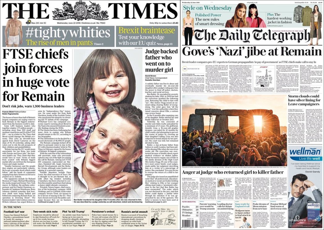  圖／《泰晤士報》（左）與《每日電訊報》6月22日頭版。