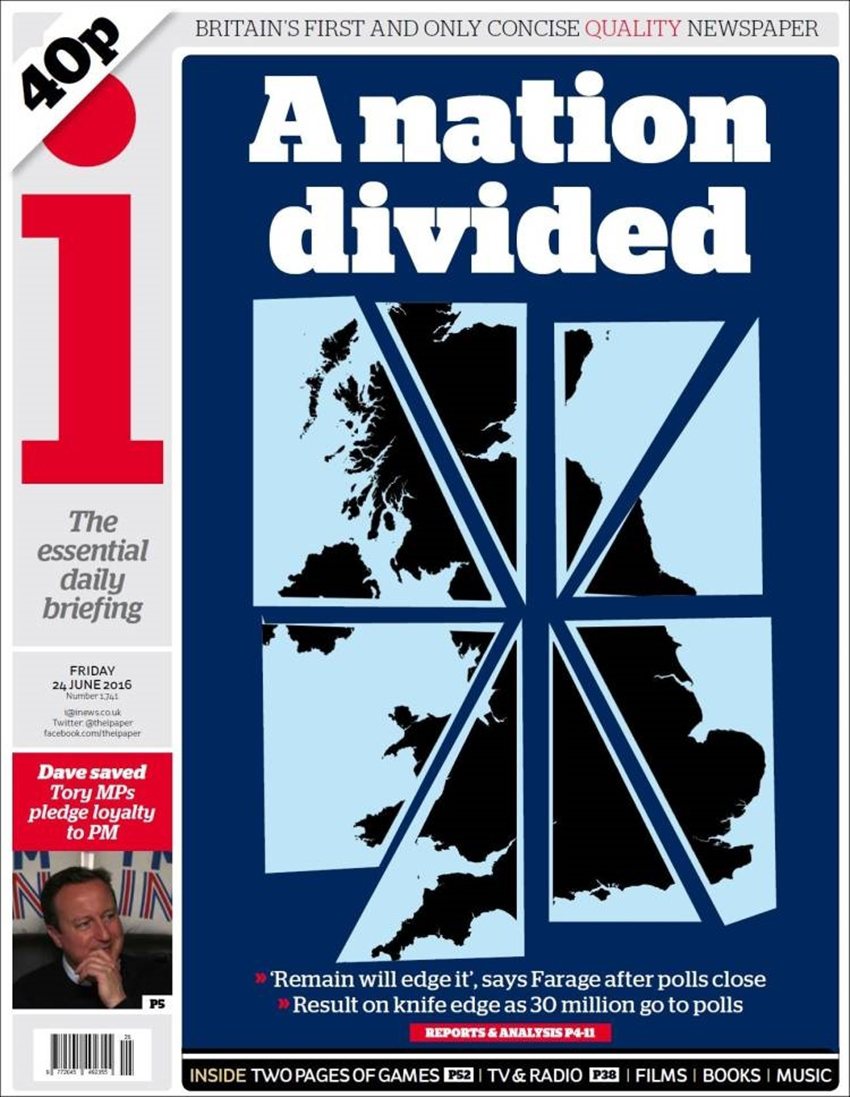  圖／英國媒體《i》脫歐當日最新封面。