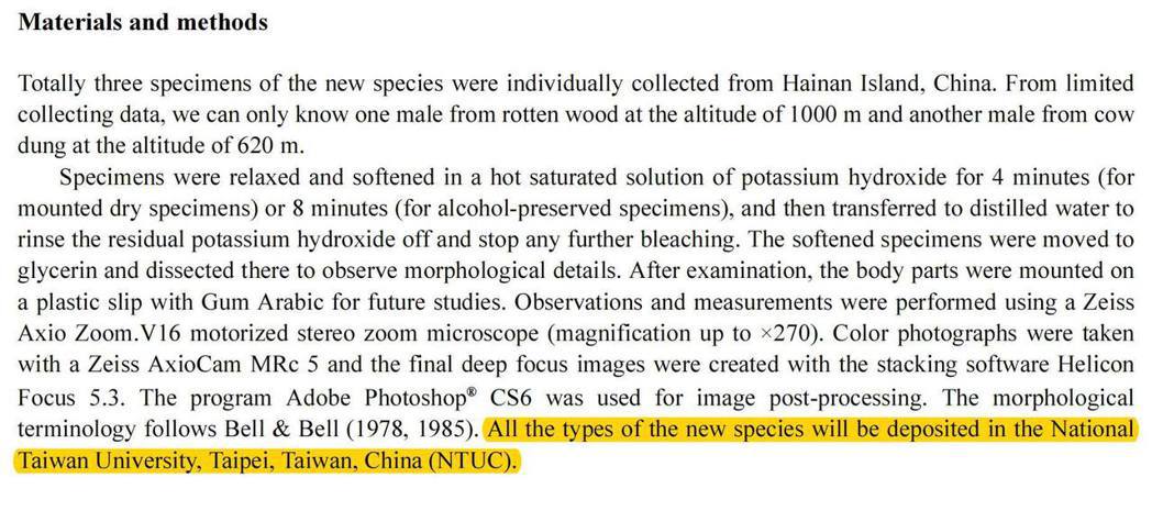 這篇刊登在Zootaxa的論文最值得台灣人注意的地方，是這位作者在沒有與台灣大學昆蟲系確認協商之下，逕行把新物種的模式標本存放地點標記為「中國台灣，台灣大學」。 圖／取自Zootaxa王成斌論文