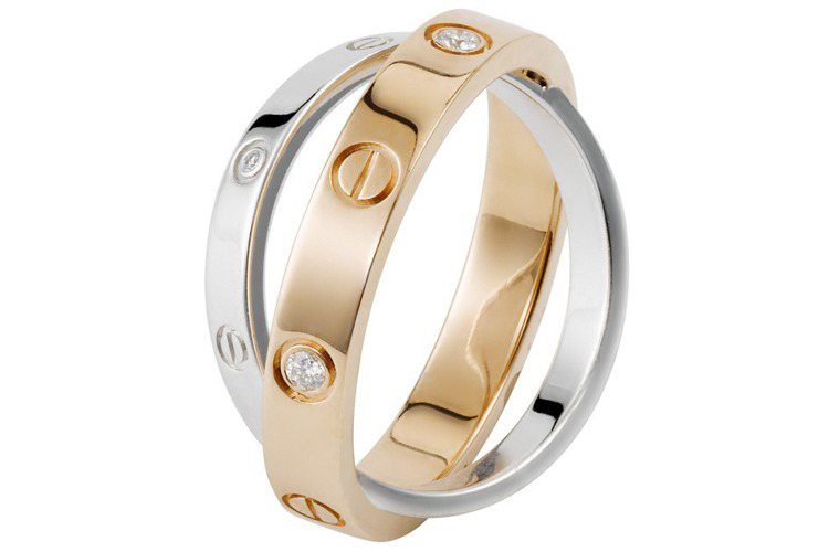 卡地亞LOVE系列雙環鑽石戒指，玫瑰K金及白K金，鑲嵌6顆圓形明亮式切割鑽石。參考價格11萬3,000元。圖／卡地亞提供