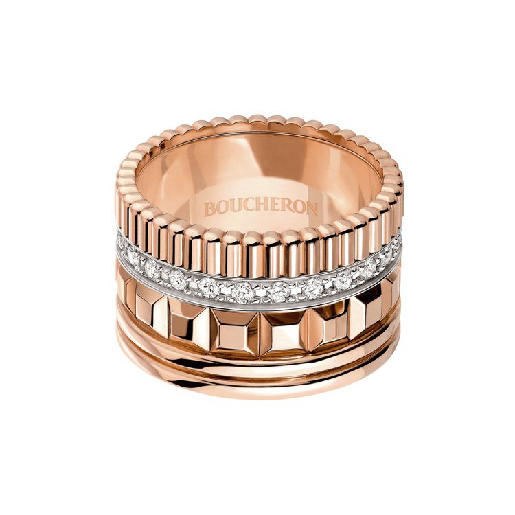 Boucheron  QUATRE Radiant玫瑰金寬版鑽戒，25顆鑽石共0.51克拉，33萬8,000元。圖/Boucheron提供