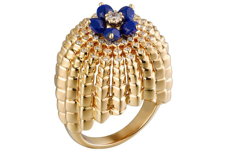 沙漠女神--Cactus de Cartier戒指，18K黃金，青金石，鑲嵌55顆圓形明亮式切割鑽石。約85萬元。圖／卡地亞提供