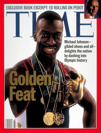 1996年麥可強森穿NIKE金鞋登上時代雜誌，讓adidas恨得牙癢癢。圖／翻攝自TIME封面