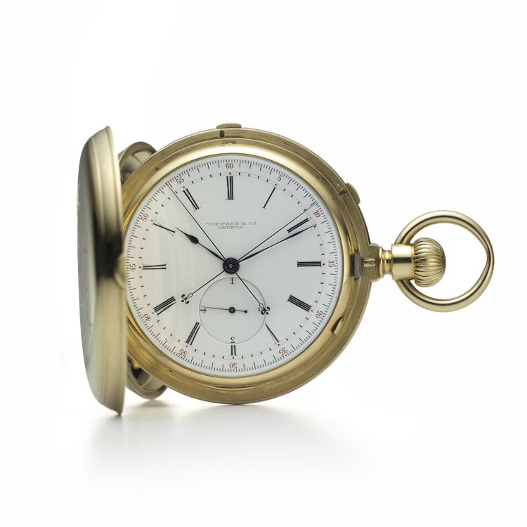 Tiffany計時碼表懷表（1872-1879年間作品），18K金獵表殼搭載雙傳動裝置與獨立追針計時。圖╱Tiffany提供