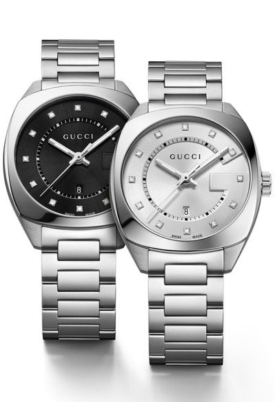 GG2570系列女表，37mm，銀白或黑色立體G字表盤，鑽石時標，精鋼表殼及鍊帶，建議售價37000元。 圖／Gucci提供