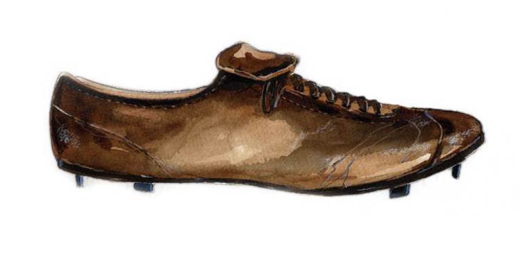 1941年的棒球鞋，全鞋以皮革打造，鞋底有鞋釘。圖／New Balance提供