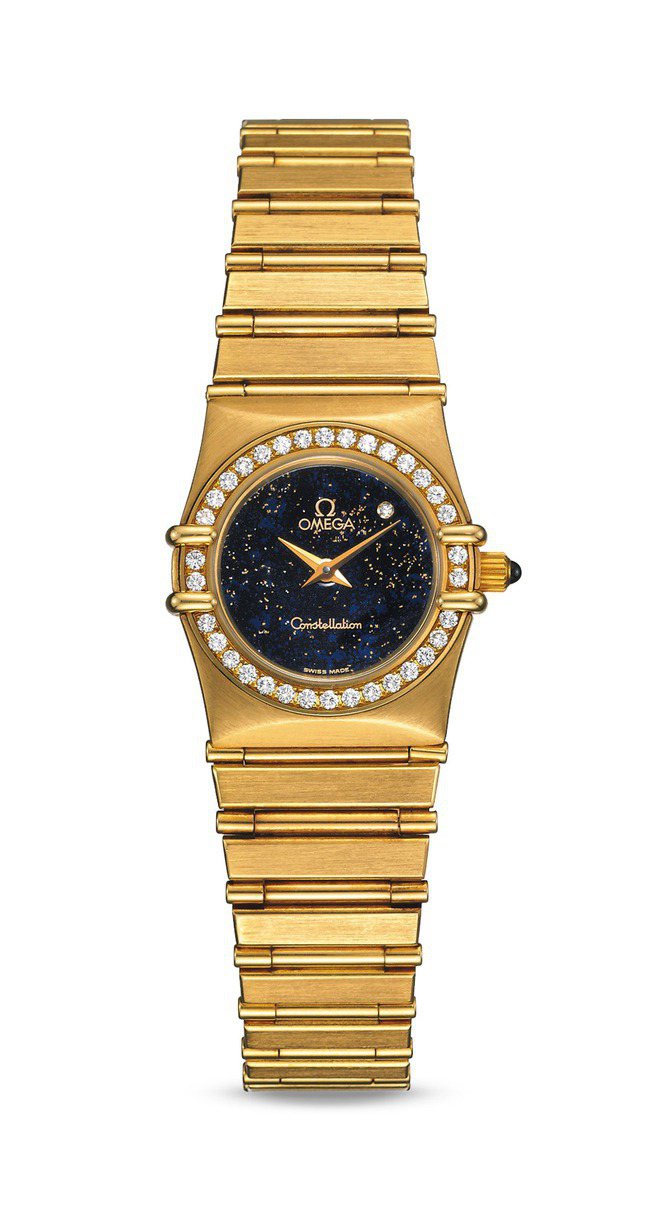 OMEGA星座Star腕表，1992年製作，金色小圓點散落在面盤上，而且消費者能指定面盤鑽石的位置，還能為自己那顆星辰取名，名稱會鐫刻在底蓋上。 圖／OMEGA提供