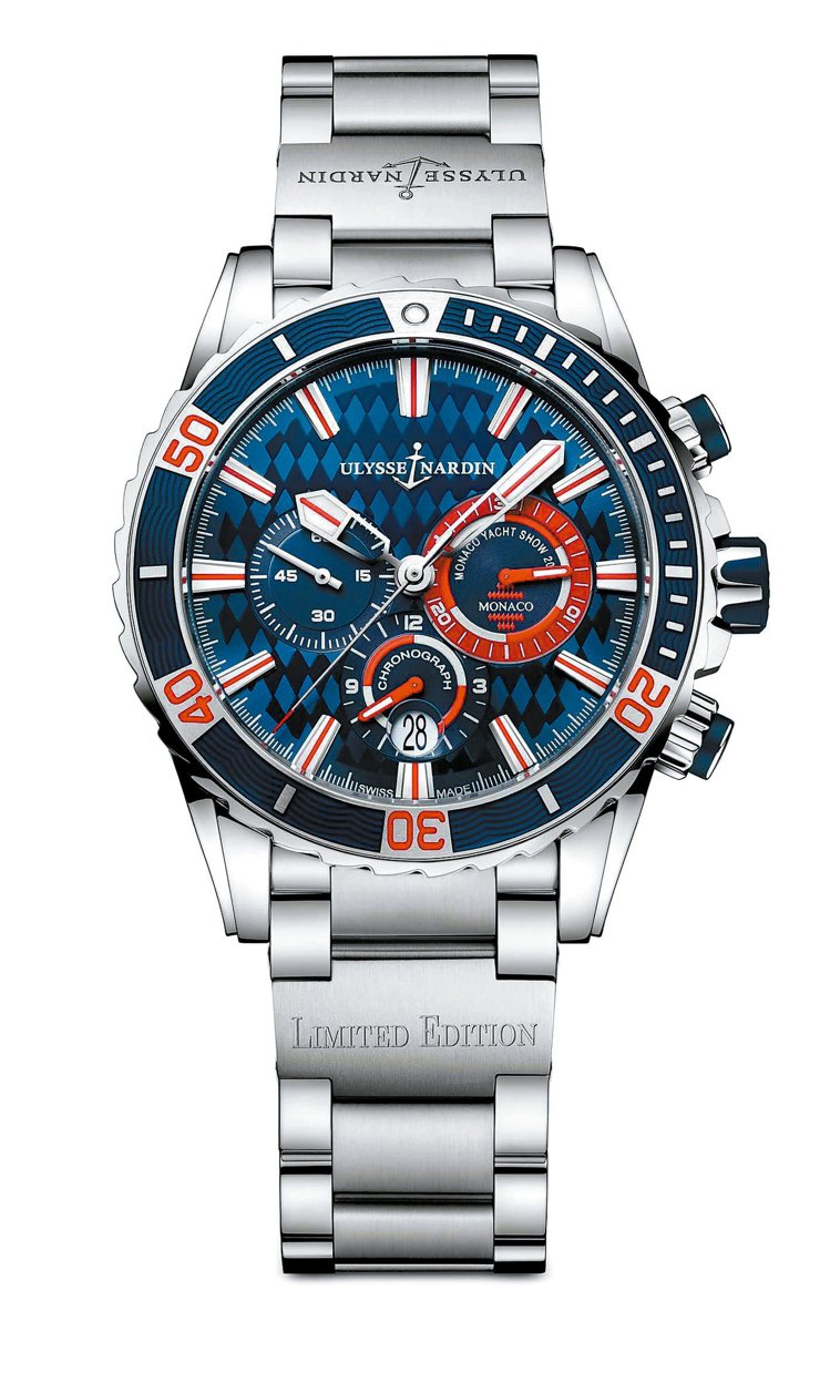 帆船表為設計主軸的摩納哥潛水計時腕表，建議售價44萬3750元。 雅典表／提供