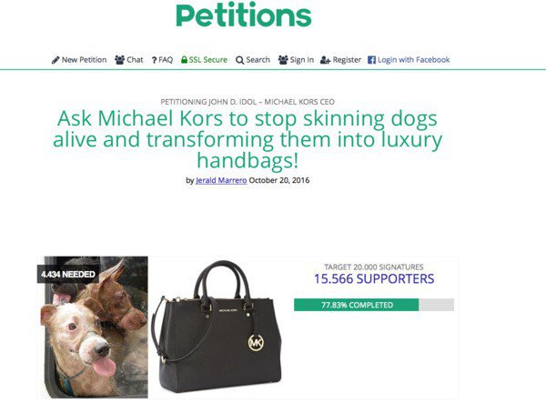 要求MICHAEL KORS停止以狗皮製造包款的頁面，目前品牌回應以狗皮製作包款為假新聞。圖／取自dailypetition.com