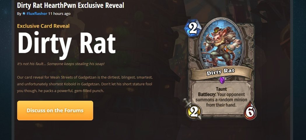 HearthPwn獨家揭露的新卡：Dirty Rat。 圖／截自HearthPw...