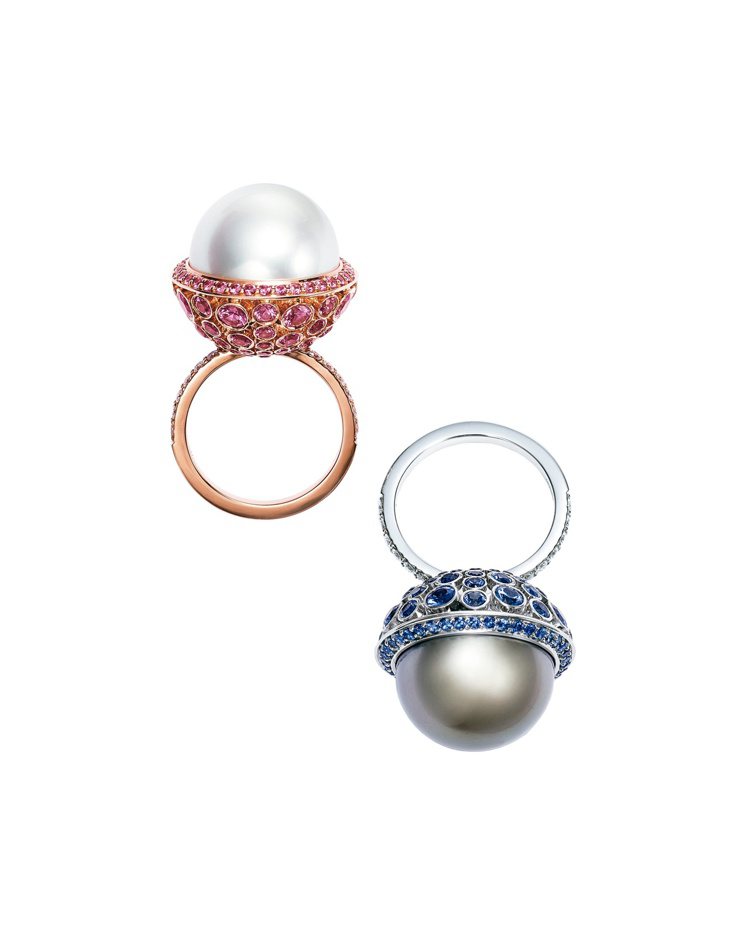 Tiffany 2016 Masterpieces有色寶石珍珠鑽戒，(左) 18K玫瑰金鑲嵌南洋白珍珠與粉紅剛玉鑽戒；(右) 鉑金鑲嵌大溪地珍珠與藍寶石鑽戒，各95萬5,000元。 圖／Tiffany & Co. 提供